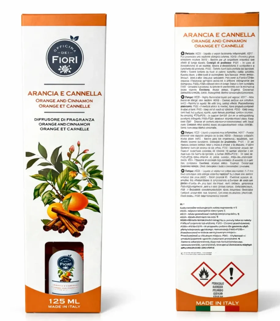 Dyfuzor zapachowy z patyczkami 125ml Officina dei Fiori o zapachu Pomarańcza i Cynamon Dyfuzor zapachowy z patyczkami 125ml Officina dei Fiori o zapachu Pomarańcza i Cynamon