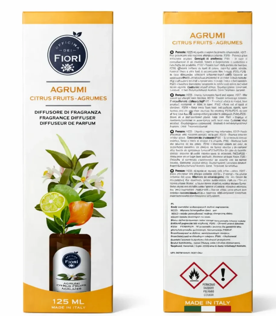 Dyfuzor zapachowy z patyczkami 125ml Officina dei Fiori o zapachu cytrusów Dyfuzor zapachowy z patyczkami 125ml Officina dei Fiori o zapachu cytrusów