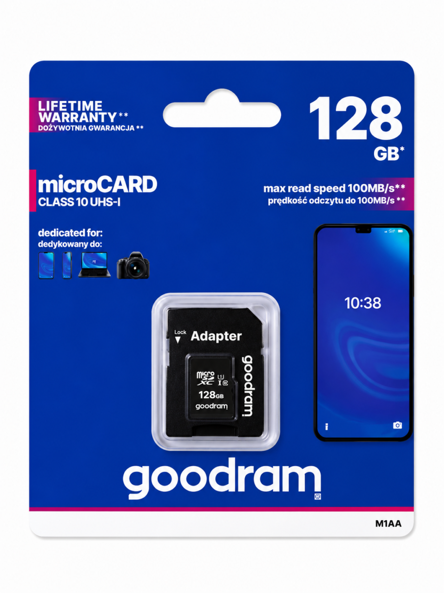 66699356-6022-4CCD-B5E3-70A53C499C26 (1) Karta pamięci microSD 128GB Goodram Class 10 UHS-I z adapterem SD