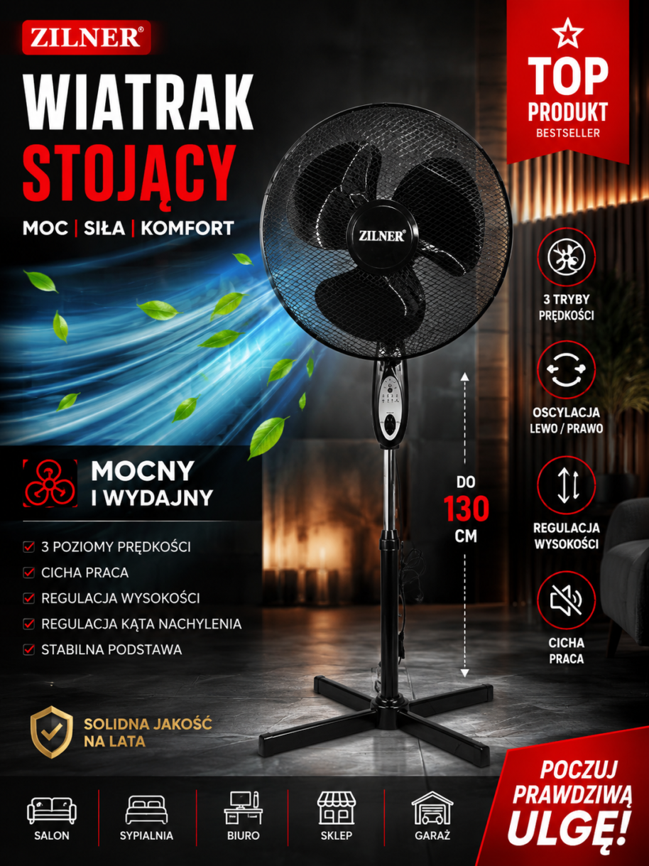 Wentylator stojący Zilner z pilotem 40W 16 cal