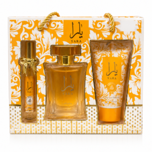 Yara Orange, zestaw perfum Yara Orange, perfumy Yara, zestaw prezentowy, perfumy damskie, woda perfumowana 50 ml, mgiełka do ciała, balsam do ciała, perfumy orientalne, perfumy waniliowe, prezent dla kobiety, kosmetyki Yara