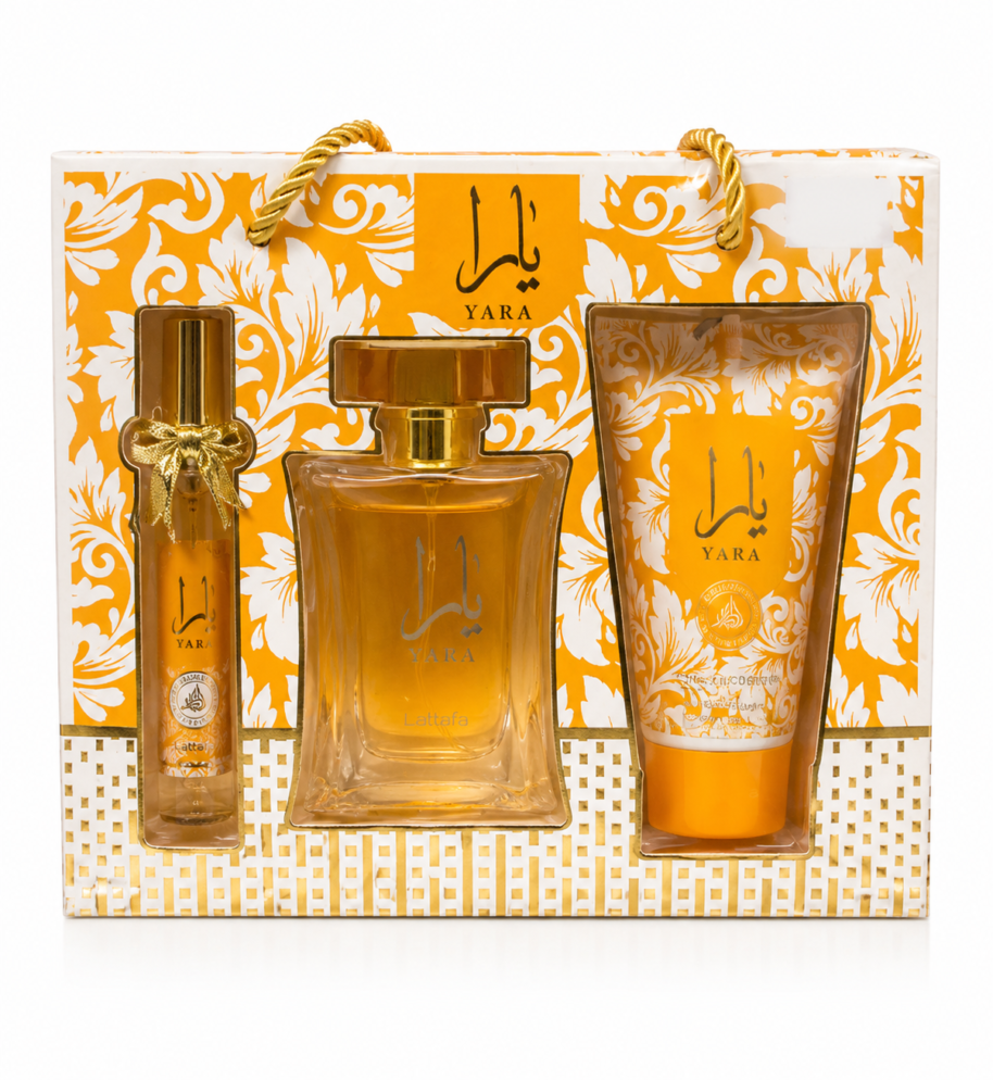 Yara Orange, zestaw perfum Yara Orange, perfumy Yara, zestaw prezentowy, perfumy damskie, woda perfumowana 50 ml, mgiełka do ciała, balsam do ciała, perfumy orientalne, perfumy waniliowe, prezent dla kobiety, kosmetyki Yara