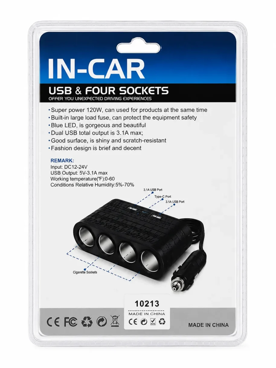 Rozgałęźnik Rozgałęźnik Samochodowy 4x Gniazdo Zapalniczki USB-C 120W Olesson